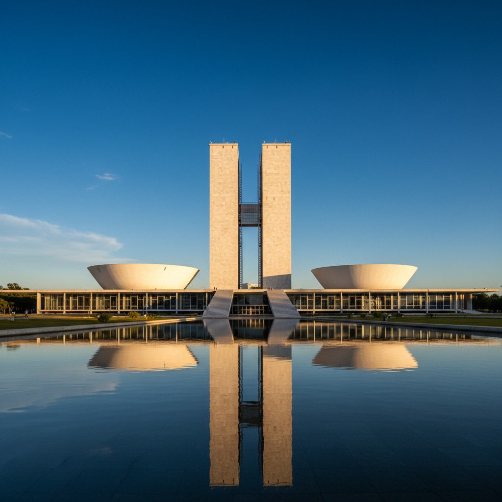 Fachada frontal do Congresso Nacional do Brasil refletida em um espelho d'água sob um céu azul claro.